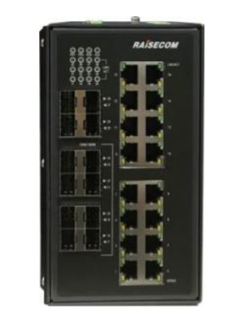 L2+ DIN sínes menedzselhető ipari switch, 8xFE/GE SFP + 4xGE SFP + 16xGE RJ45, duál DC, 12/24/48V
