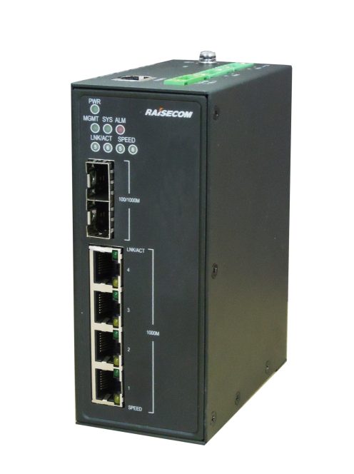 L2 DIN sínes menedzselhető ipari switch, 2x100/1000 SFP + 4xGE RJ45 + 1 alarm, 2xDC (10~36 VDC)
