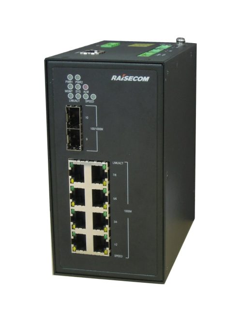 L2 DIN sínes menedzselhető ipari switch, 2x100/1000 SFP + 8xGE RJ45 + 1 alarm, 2xDC (10~36 VDC)
