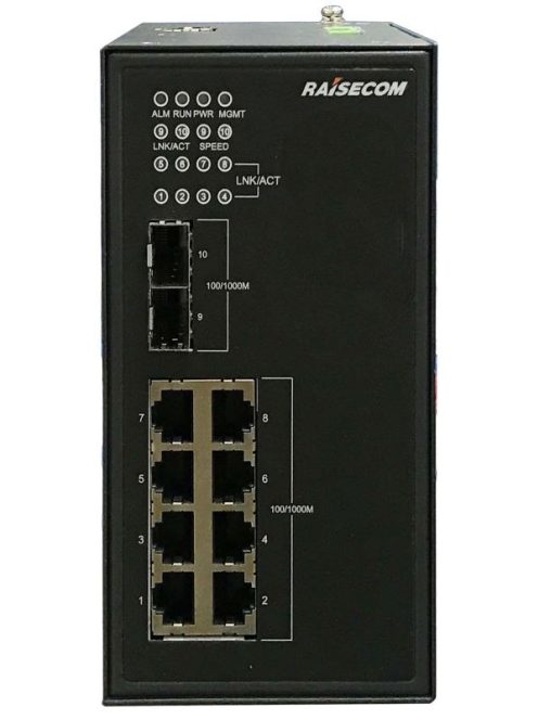 L2 DIN sínes menedzselhető ipari switch, 2xGE SFP + 8xGE RJ45 PoE (30W/240W), duál DC (44~57VDC)