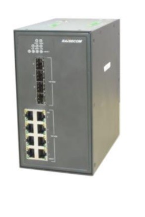 L2 DIN sínes menedzselhető ipari switch, 4x100/1000 SFP + 8xGE RJ45 + 1 alarm, 1xAC (85~264 VAC)