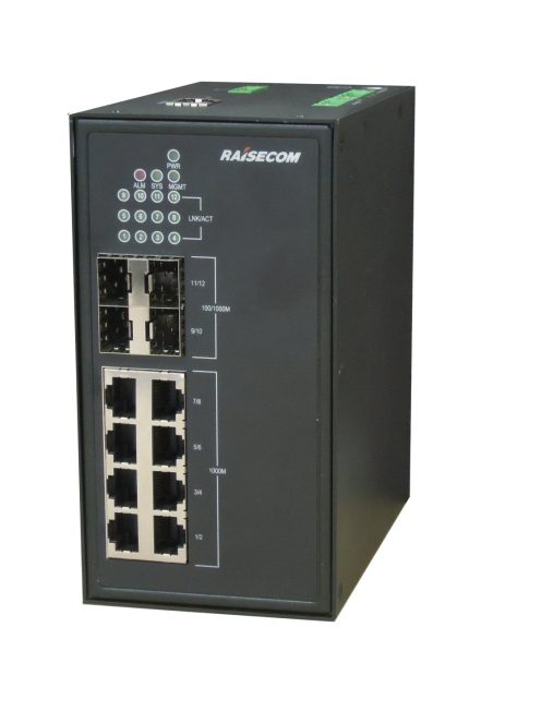 L2 DIN sínes menedzselhető ipari switch, 4x100/1000 SFP + 8xGE RJ45 + 1 alarm, 2xDC (20~72 VDC)