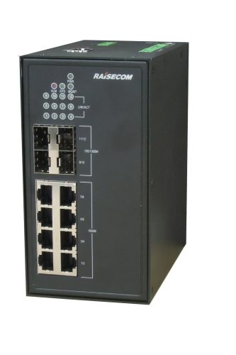 L2 DIN sínes menedzselhető ipari switch, 4x100/1000 SFP + 8xGE RJ45 + 1 alarm, 2xDC (20~72 VDC)