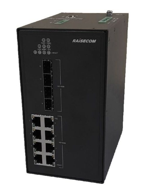 Raisecom L2 DIN sínes menedzselhető ipari switch, 4xFE/GE SFP + 8xGE RJ45 POE (90W/360W), 2xDC