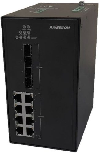 Raisecom L2 DIN sínes menedzselhető ipari switch, 4xFE/GE SFP + 8xGE RJ45 POE (90W/360W), 2xDC