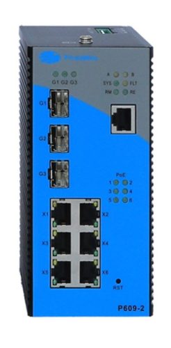 FirstMile ipari PoE switch, 802.3at, 6x10/100BaseTX+3x1000BaseX SFP, duál DC PSU, DIN sín,-40~+75°C