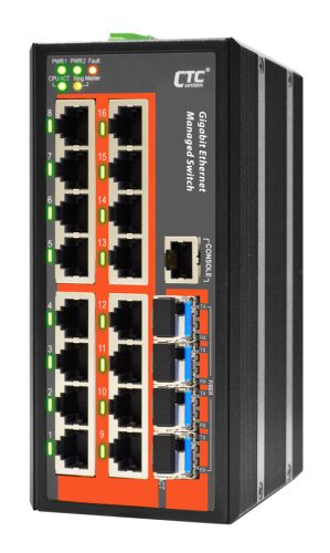 CTC menedzselhető DIN sínes ipari switch, 16x10/100Base-T + 4x100/1000Base-X SFP, 12/24/48V, -40~75?