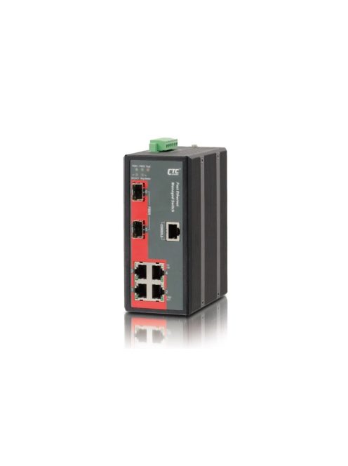 CTC menedzselhető ipari PoE switch,4x10/100Base-T PoE+(30W),2x100/1000Base-X SFP,120W,24/48V,-40~75°