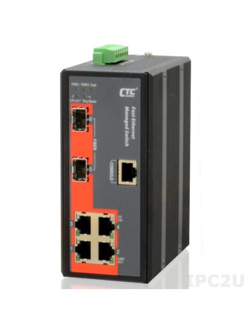CTC menedzselhető DIN sínes ipari switch, 4x10/100Base-T + 2x100/1000Base-X SFP, 12/24/48V, -40~75?
