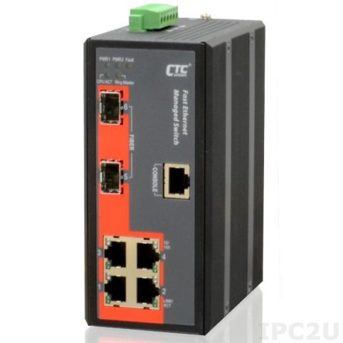 CTC menedzselhető DIN sínes ipari switch, 4x10/100Base-T + 2x100/1000Base-X SFP, 12/24/48V, -40~75?