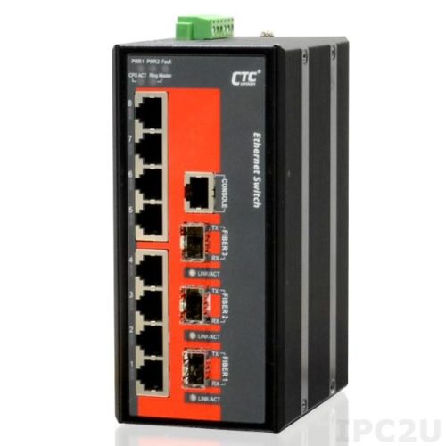 CTC menedzselhető DIN sínes ipari switch, 8x10/100Base-T + 3x100/1000Base-X SFP, 12/24/48V, -40~75?