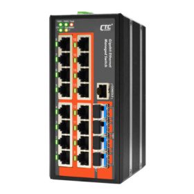 CTC menedzselhető  DIN sínes ipari switch, 16x10/100/1000T + 4x100/1000-X SFP, 12/24/48V,-40°C~75°C   CTC menedzselhető  DIN sínes ipari switch, 16x10/100/1000T + 4x100/1000-X SFP, 12/24/48V,-40°C~75°C