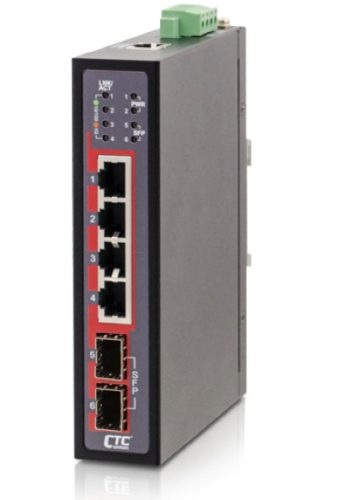 CTC web smart kompakt ipari switch, 4x10/100/1000T + 2x100/1000-X SFP, 12/24/48VDC, -40°C~75°C