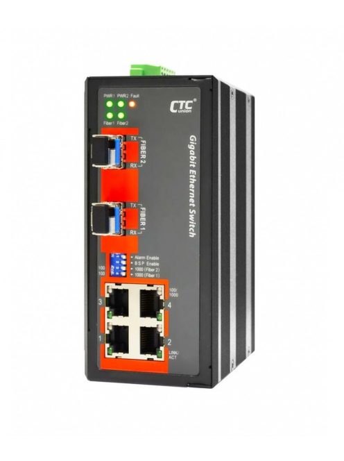 CTC nem menedzselhető DIN sínes ipari switch, 4x10/100/1000T+2x100/1000-X SFP, 12/24/48V,-40°C~75°C