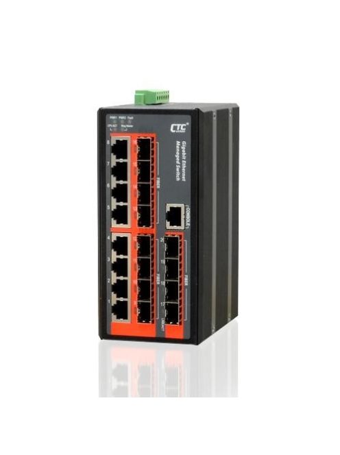 CTC menedzselhető  DIN sínes ipari switch, 8x10/100/1000T + 12x100/1000-X SFP, 12/24/48V,-40°C~75°C