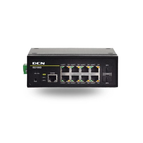 DCN Ipari gigabit L2 access switch (R2), 8x 10/100/1000Base-T RJ45 with PoE + 2x 100/1000Base-X SFP, -40°C +85°C, Power Supply: (50~57)V DC