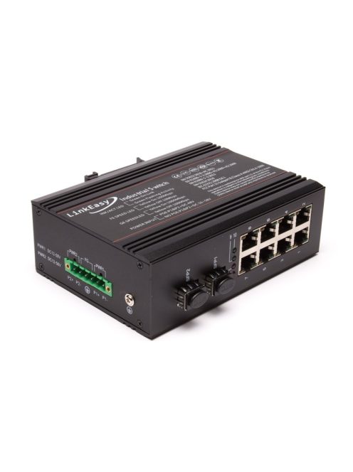 LinkEasy ipari switch,2xGE SFP+8x10/100/1000BaseTX, duál  DC10~58V bemenet, DIN sín, -40~+85C