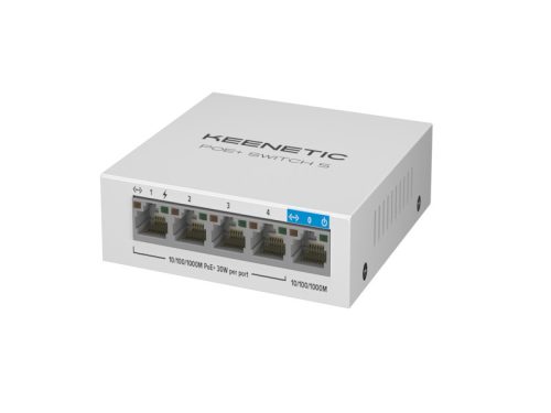 KEENETIC PoE+ Switch 5, 5 portos Gigabit PoE switch, 1 x RJ45 GE + 4 x RJ45 GE PoE+ (802.3af/at), POE power budget 60W, fém házas kivitel.