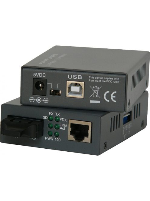 LinkEasy Pro média konverter, 1 x 10/100 Base-T + 1 x MM, 2KM, SC, 1310nm, fémházas, külső PSU + USB