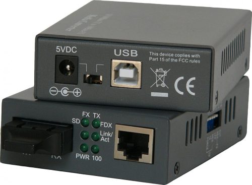 LinkEasy Pro média konverter, 1 x 10/100 Base-T + 1 x MM, 2KM, SC, 1310nm, fémházas, külső PSU + USB