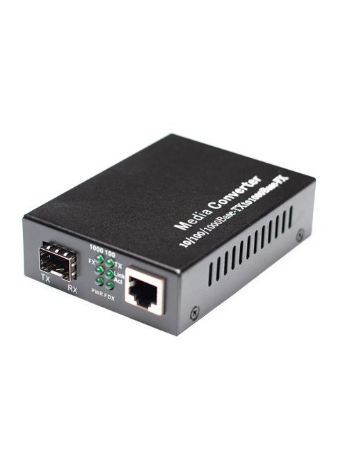 LinkEasy média konverter, 1x10/100/1000Base-T+1xGE SFP (SFP modul nélkül), külső 5V PSU, DIP SW