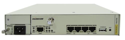 Raisecom CE demarkációs eszköz 4x10/100/1000 Mbit/s RJ45 access,1xDOCSIS uplink, 1xAC PSU modul