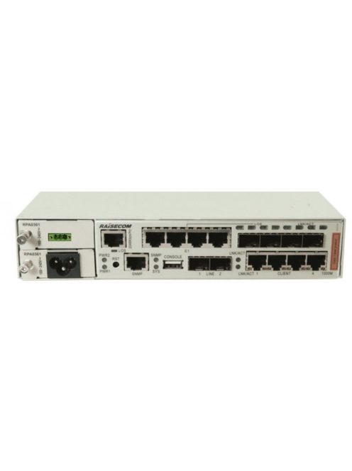 Raisecom CE switch,4xGE Combo port,2xSFP,4xE1(RJ45),2 Mbps I/O v. 2MHz külső órajel,AC+DC PSU,-20~65