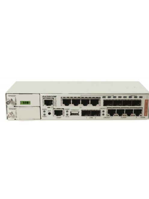 Raisecom CE switch,4xGE Combo port,2xSFP,4xE1(RJ45),2 Mbps I/O v. 2MHz külső órajel,1xDC PSU,-20~65C