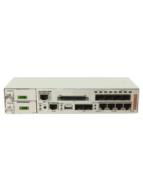 Raisecom CE switch,4xGE Combo port,2xSFP,4xE1(DB37),2 Mbps I/O v. 2MHz külső órajel,2xDC PSU,-20~65C